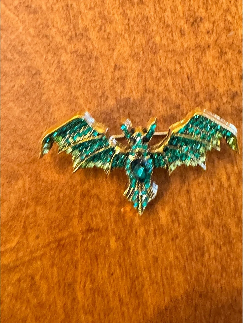 Gold Tone Green Rhinestone Bat Brooch Pin 384
